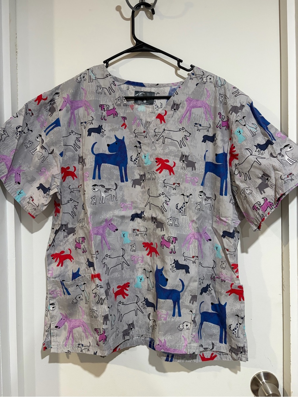 Butter-Soft Gray Scrub Top with Multicolor Dog Print